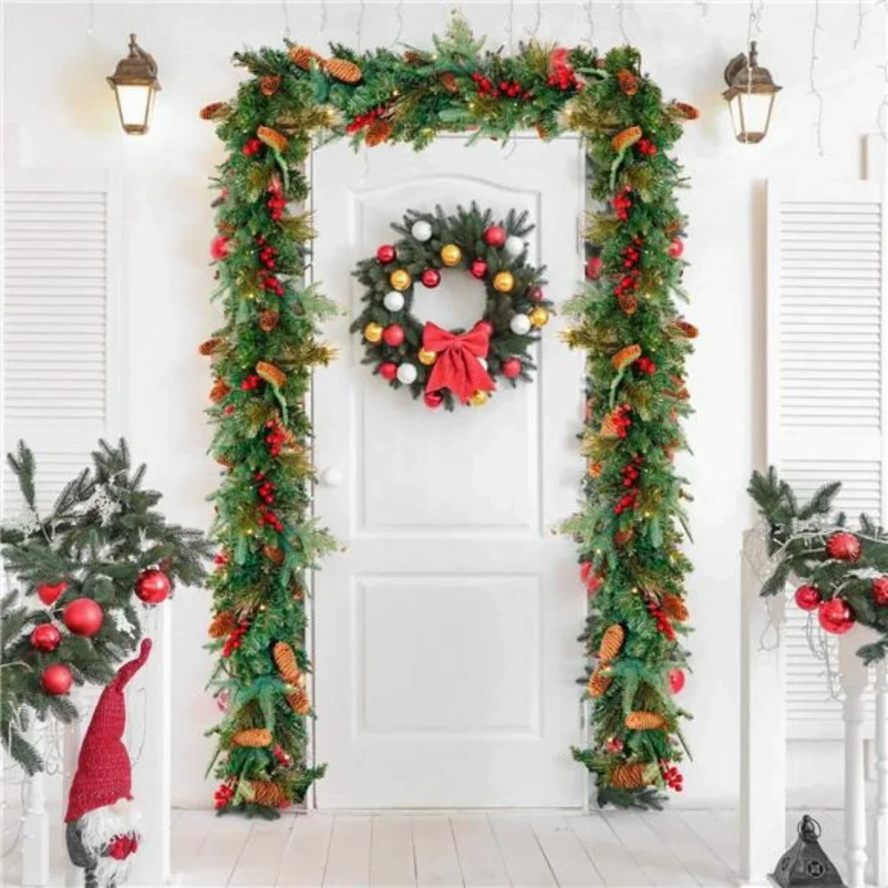 Christmas Garland with 50 Lights, 9ft Christmas Garland w/ Pinecones Red Berries